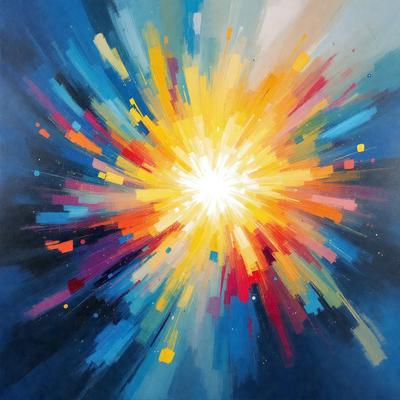 The primary subject of the image is a brightly colored, abstract art piece featuring a sunburst. The setting is a blue background, which contrasts with the vibrant colors of the artwork. The visual style is a combination of digital art and illustration, creating a unique and eye-catching piece. The dominant colors are yellow, orange, and blue, which evoke a sense of warmth and energy.